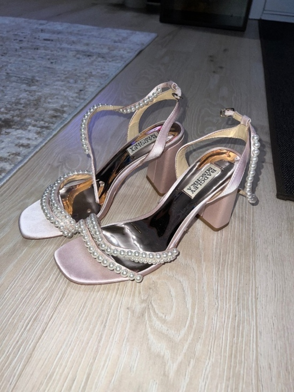 Badgley Mischka Feisty Pearl Block Heel - Blush pink 8